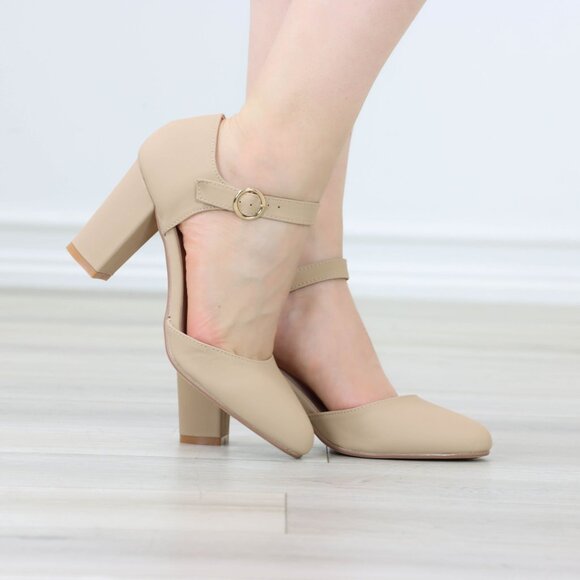 Beige High Heels Ankle Strap Almond Toe Block Classic Pumps Nubuck - Picture 1 of 12